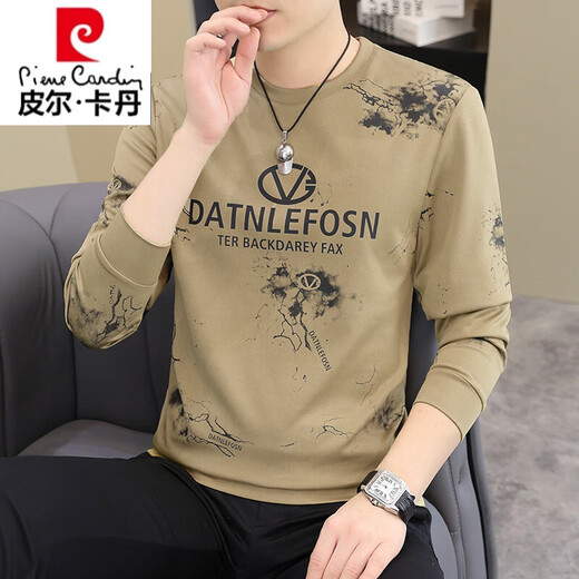 皮尔卡丹2025春季新款圆领卫衣男欧版印花潮流时尚百搭休闲长袖T恤打底衫 AD6625卡其 M