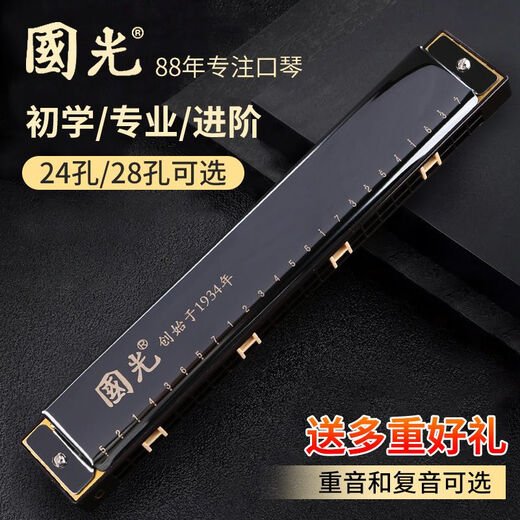 Guoguang harmonica 24-hole polyphonic C-tune accent classroom beginners students and children’s entrance organ playing instrument [Pure silver] 24-hole polyphonic C-tune + full set of gift packs