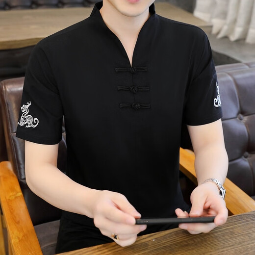 丹俏丽夏季唐装男短袖t恤风盘扣衬衫汉服宽松大码汉服仿棉麻民族风 9871白色 M  90-110斤