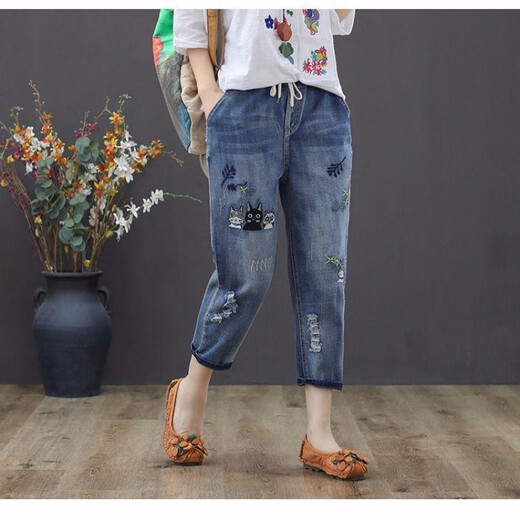 NYCKJK2025 Frühlings- und Sommer-neue elastische Taille Neun-Punkte-Jeans für Frauen koreanische Version Rippte lose hohe Taille mit großer Größe Harem Hosen 9902#9 Punkte 9902#9 Punkte 26