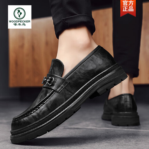 Woodpecker Men's Shoes 2025 New Spring and Autumn British Style Loafers Business Casual Genuine Leather Slip-On Leather Shoes Men's Peas Shoes Black 40 (250mm)