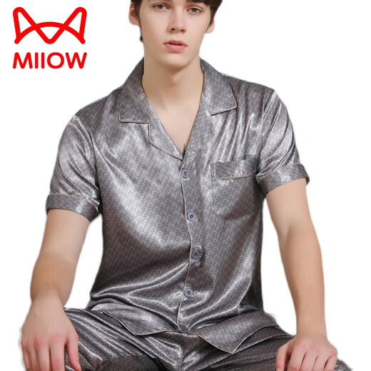 Cat Man (Miiow) Mulberry Pajamas de manga larga de manga larga delgada pantalones de manga corta de la manga corta de la solapa suelta de seda de seda yd-6223 hojas de plata 3xl [180-200Jin [Jin equivale a 0,5 kg]]