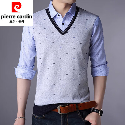 皮尔卡丹（pierre cardin）2025新款男士纯棉假两件衬衫加绒加厚春秋季保暖上衣 3878红色 4XL 190