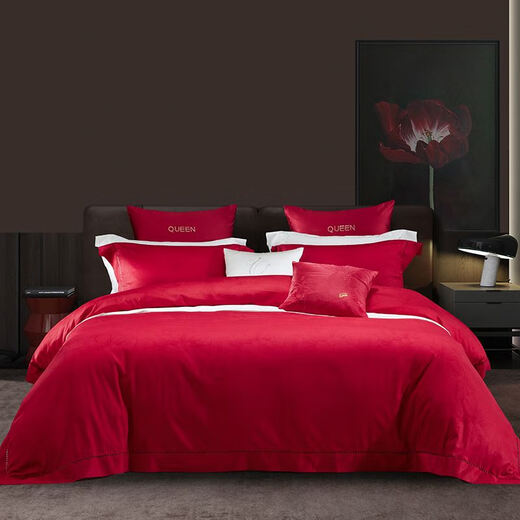 Mengjie Home Textiles Alice and the Flower pure cotton long staple cotton lace jacquard four-piece set big red wedding quilt 14066 Alice and the Flower 248*248cm suitable for 1.8 beds