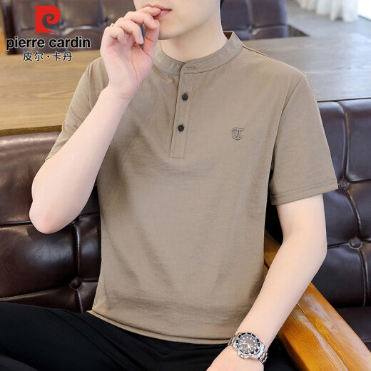 Pierre cardin short-sleeved men's summer thin Henry neck T-shirt men's trendy brand loose casual tops men's khaki XL
