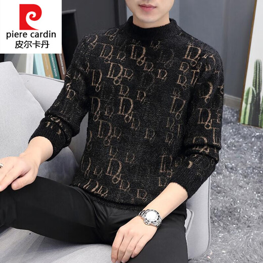 皮尔卡丹（pierre cardin）男士中领毛衣水貂绒黑色线衣冬季加厚保暖一体绒半高领条纹针织衫 K12156黑色 L