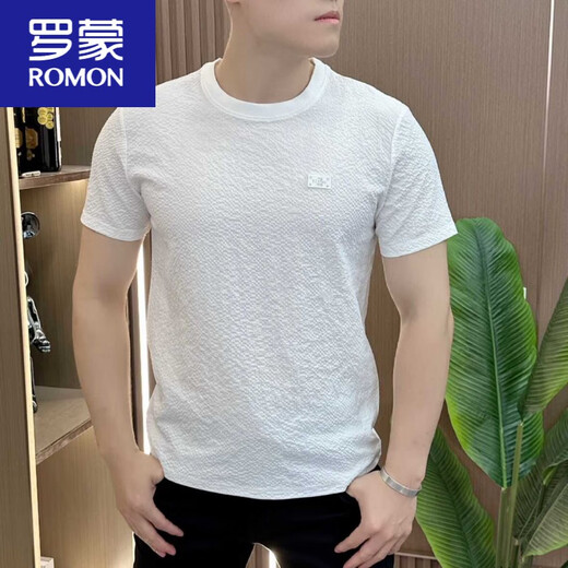 Romon Designer Summer Ice Silk Texture brodé de cou rond à manche à manches courtes pour hommes à manches courtes à la mode polyvalente et confortable nouveau produit 1105 blanc M 80-105Jin [Jin est égal à 0,5 kg]