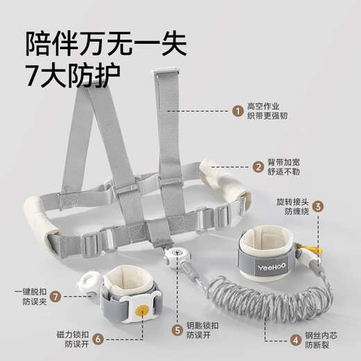 YEEHOO Anti-lost traction rope anti-lost bracelet safe walking rope children anti-lost artifact children gray [2 meters new upgrade belt integrated]
