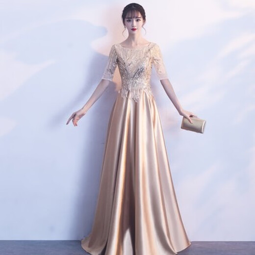Zhufan annual meeting host clothing female chorus conductor performance clothing female golden evening dress female 2025 new art test champagne color 2XL