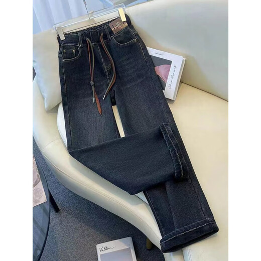 Zhang Fanyu elastic waist jeans for women in spring, autumn and winter 2024 new high-waist loose straight pants casual large size narrow wide-leg pants 1283 dark blue plus velvet thickened S 80-95