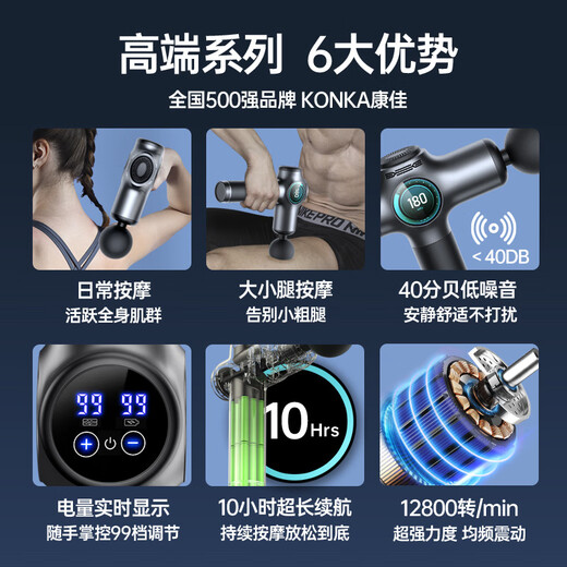 KONKA fascia gun muscle relaxation massager sports neck mask gun electric impact home fitness equipment fascia grab gray-6608 (99 gears + 8 heads + LCD screen + storage box)