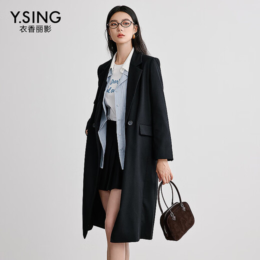 Yixiangliying mid-length suit jacket for women 2025 spring new style high-end loose wool coat black M