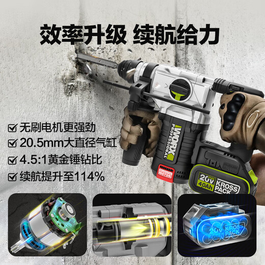 威克士（WORX）无刷锂电电锤大功率冲击钻混凝土电镐两用工业级电锤 WU3886.0双电+快充