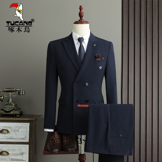 Woodpecker (TUCANO) two-piece suit men's suit wedding double-breasted British style lapel groom engagement wedding slim stripes medium gray suit + trousers XL (suitable for 125-135 Jin Jin equals 0.5 kg)