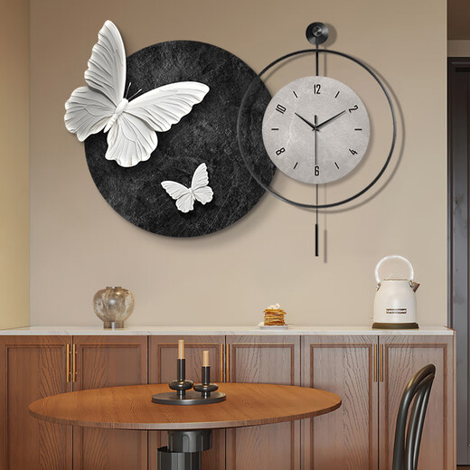 Little Painting Clock, Wasabi Wind, Schmetterlingswanduhr, Schwarz, Weiß und graues Restaurant Dekoration Malerei, High-End-Abstrakte Wohnzimmeruhr Hängende Wand VERSATILE ZP4877+ZP4878 [Schmetterlingsuhr Malerei] 28 Zoll Malerei 70*70+Uhr 70*70 Goldrahmen