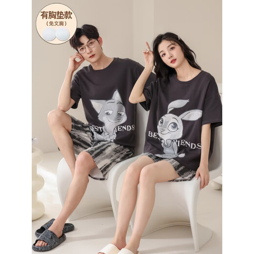 
AIFANGNIAO Couple Pajamas Summer Pure Cotton Short Sleeve Shorts Set with Chest Paddle Cute Cartoon Thin Casual Home Suit GEY687 Fox and Rabbit M Women's Style [80100Jin [Jin equals 0.5 kg]] (with Chest Pad)