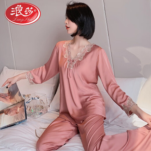 Langsha Ice Silk Pyjamas für Frauen Langarmdünn dünne süße Pullover Frühling und Herbst Imitation Seiden Sommer Sexy Privates zweiteiler dunkelblau 12186 m