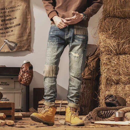Western Camel (Vancamel) Spring and Summer Brand Trendy Brand American Jeans American Jeans Men Small Straight Foot Retro Retro Ripped Patch Pants Trendy H9735 Blue Jeans 28