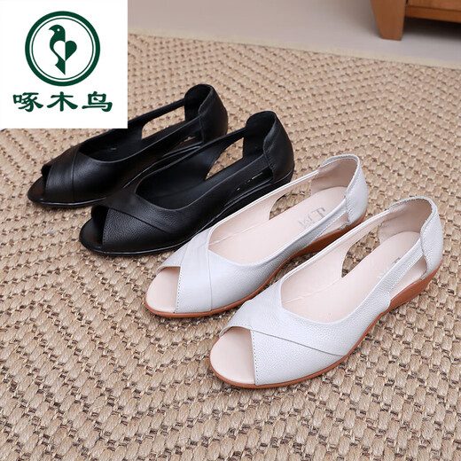 
Woodpecker middle heel sandals for women comfortable and fashionable temperament in summer women's shoes summer mother shoes genuine leather heeled fish-mouth shoes black small, large size 37