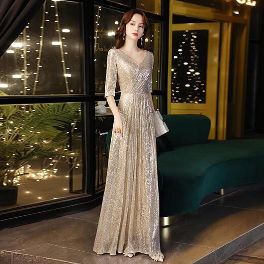 Yimimei champagne color Xi mother-in-law spring and summer style mother-in-law mid-length skirt can usually be worn at weddings and high-end mother-in-law dresses. Champagne gold long skirt length 138 SS (recommended 90-100 Jin Jin is equal to 0.5 kg) one size fits all