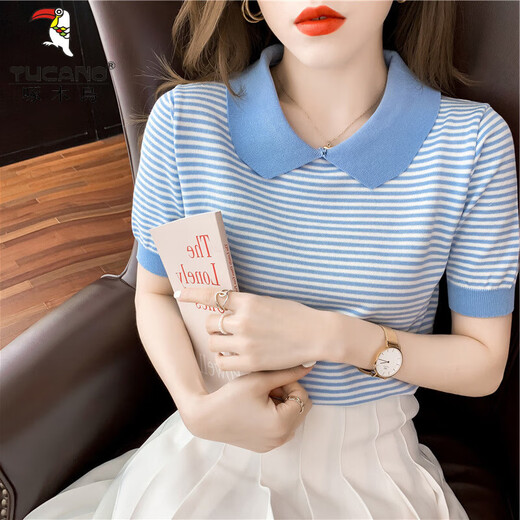 Cuello de muñeca rayada de carpintero Camiseta de miética de seda de hilo de altura de manga corta Sweet Sweater Sweater Sweater delgada pequeña DX691# Amarillo S RECOMENDO 80-100JIN [Jin iguala 0.5 kg]