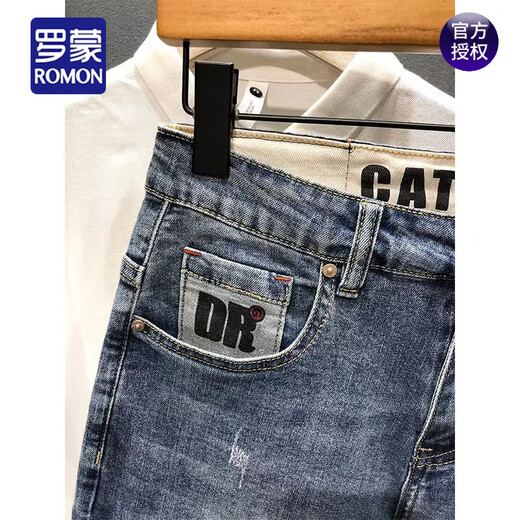 
ROMON (ROMON) 2025 summer denim mid-pants printed trendy brand retro nostalgic washing Korean style slim five-point pants stretch shorts men dark blue 9902 33