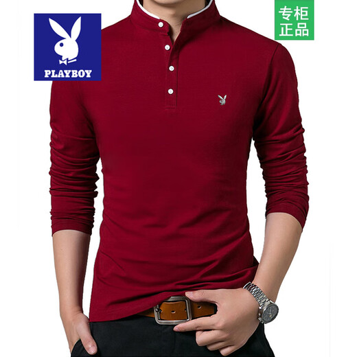 Playboy spring and autumn long-sleeved T-shirt men's stand-up collar pure cotton T-shirt bottoming shirt Korean version slim-fitting young men's tops trendy 1895 black (stand-up collar) single piece XL 175 recommended 135-150 Jin Jin equals 0.5 kg