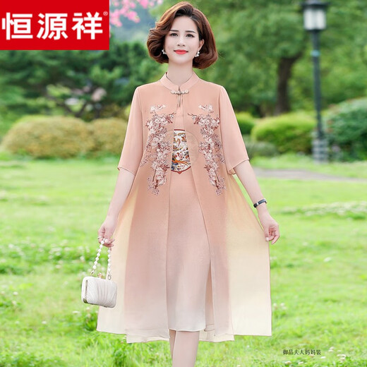 Hengyuanxiang Fat Mom Summer Cheongsam Платье летняя шифоновая юбка Большой размер 2025 Новый средний летний стиль женщин 6629 Хаки 4xl Рекомендуется 140-150JIN [Джин равен 0,5 кг]