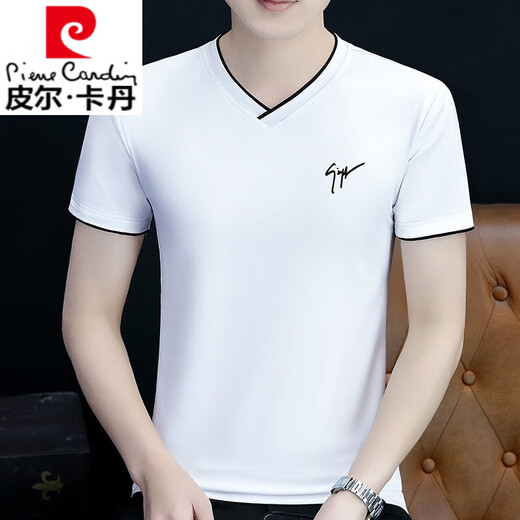 皮尔卡丹（pierre cardin）夏季男士短袖t恤v领纯棉半袖鸡心领体恤潮流修身上衣薄款男装 浅灰色 YD7029 M