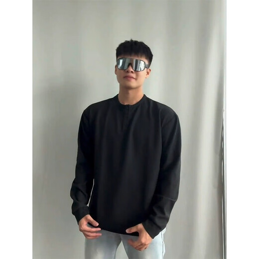 Digada cleanfit Henry neck long-sleeved T-shirt for men's spring and autumn summer new sweatshirt waffle American base shirt T-shirt CQS-1381 black plus velvet L