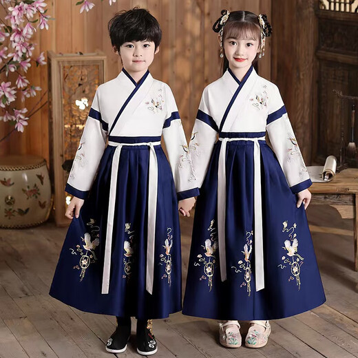 Children's ancient costumes, Chinese school clothes, Chinese style elementary school students recite the three-character scriptures and disciples' rules for opening ceremony performance costumes Yun Feihe broad sleeves blue [same style for men and women] 120 cm