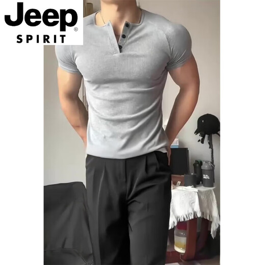 JEEP SPIRIT花灰色修身收腰亨利衫短袖男款夏季美式重磅显肌肉t恤健身打底衫 浅灰色 M 适合100-120斤