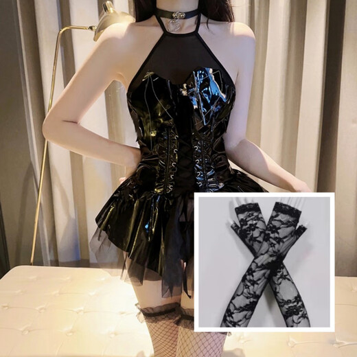 新款亮面PU挂脖绑带蝙蝠小恶魔透视蓬蓬短裙制服套装1098 搭配套袖 均码