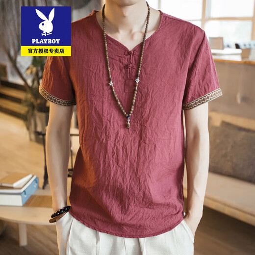 
Playboy Tang suit men short-sleeved men summer thin youth Chinese style retro buckle half-sleeved T-shirt Chinese style ancient style men's clothing 686 green M Reference 85-100Jin [Jin equals 0.5 kg]