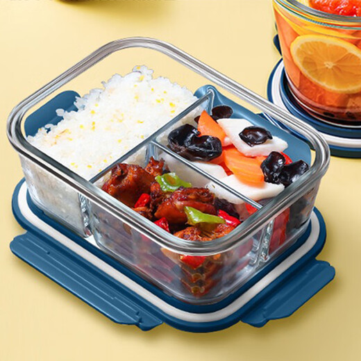 Beijing Glass Lunchbox Mikrowellenheizung Spezialschale mit Reis Lunchbox Set Büroangestellte Trennung Isolierung Bento Box Studenten höher Stil Blau Long 3 geteiltes Tabellengeschirr Set 1050 ml