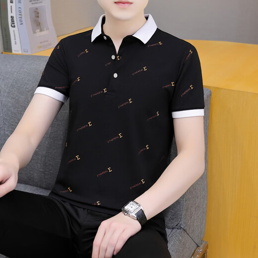 AEXMERE夏季男士短袖翻领polo衫高端潮流有领子半袖青年T恤 黑色 QY679 M 100-120斤