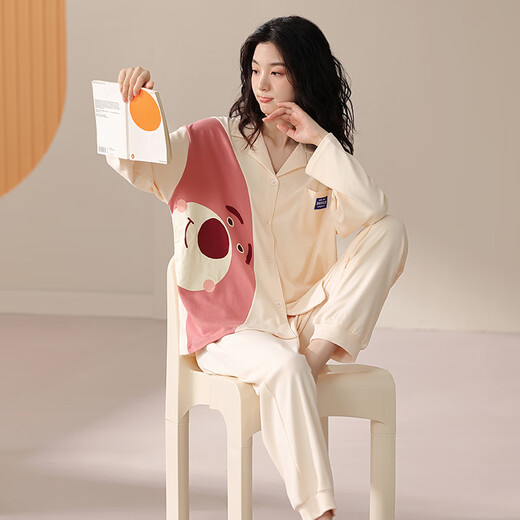 LangSha Couple Pajamas Women's Spring and Autumn Pure Cotton Long-Sleeved Cardigan Can Be Weared Out Autumn Cute Cartoon Home Clothing Men's Suit 8026 Couple M Female + XL Male