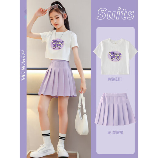 Zhao Qingyu Girls Jk Suit Femenino Estudiante College Falda Niños Falda de verano Pantalones de manga corta Traje de falda de manga corta 6-12 años 9889 Camiseta de manga corta + falda corta de color púrpura 140