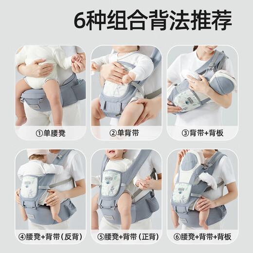 Taburete de cintura Betas Correa para bebés Estilo de tacón frontal 0-36 meses de edad, artefacto de cintura para bebés de dos usos, Kass Gray