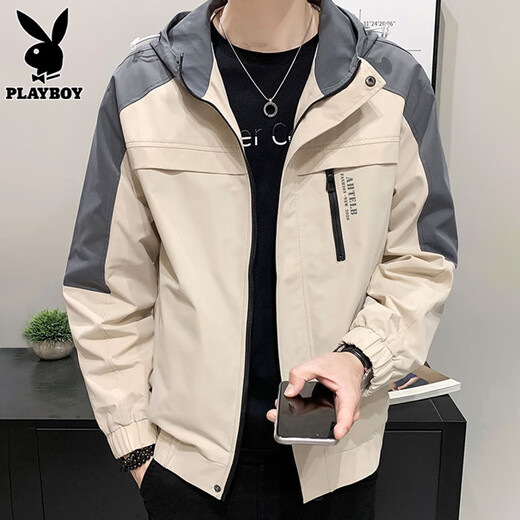 Playboy (PLAYBOY) jacket men's work jacket men's autumn and winter casual trendy brand men's hooded top black gray XL