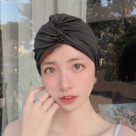 Sanqihu swimming cap for women with long hair, special for not tying the head, cute Japanese face-showing small enlarged head circumference, black trendy fabric, enlarged black cap + earplugs and nose clip set