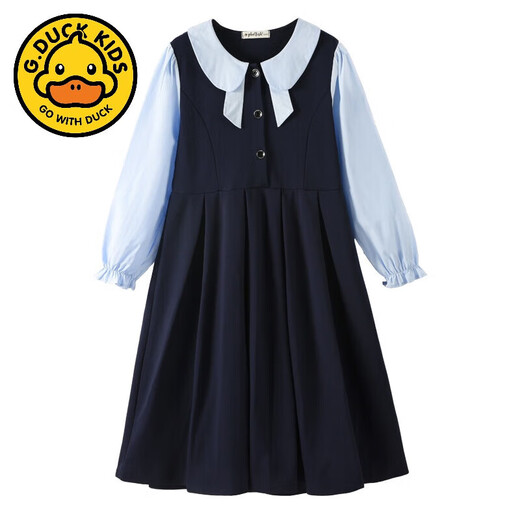 G.duck parent-child wear girls color block dress college style princess dress 2024 autumn over-the-knee skirt western style big children's wear navy blue 140 cm