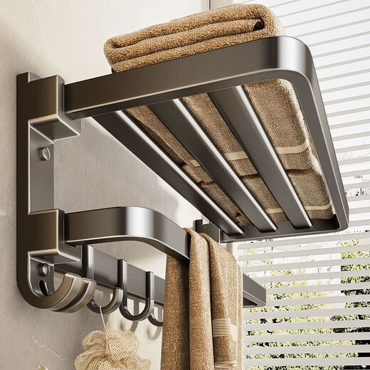 Qinkai Bathroom Towel Rack Bathroom No Punch Bathroom Towel Storage Rack Bathroom Toilet Wall-mounted Space Aluminum Storage Rack Thick Thickened 9 Hook Two-piece Set 9889 [Bath towel rack + wool Thickened Space Aluminum [gun ash]