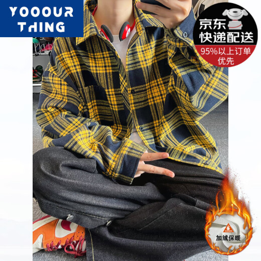 YOOOURTHING美式复古格子衬衫男长袖春秋冬加绒加厚宽松情侣百搭休闲衬衣外套 CJ9735-黑白格 加绒 M (建议90-110斤)