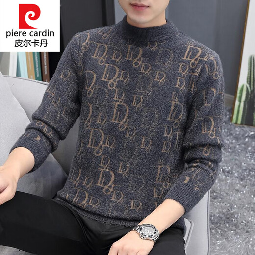 皮尔卡丹（pierre cardin）男士中领毛衣水貂绒黑色线衣冬季加厚保暖一体绒半高领条纹针织衫 K12156黑色 L