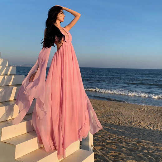 Xierwei Französisch Schöne Pink Fairy Streamer Halfterhalter Kleid Feel romantische Hollow Slit Urlaub Strand Langer Rock 9766 Streamer Langer Rock S S