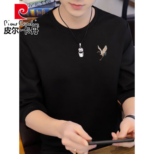 皮尔卡丹（pierre cardin）七分袖t恤五分袖帅气中袖新款男士上衣圆.领宽松体恤古风 宽松七分  黑色 鹤1 L .110-130斤 17084A
