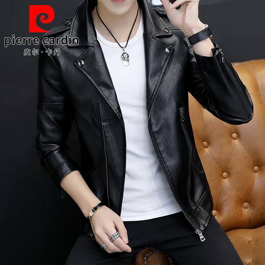 皮尔卡丹（pierre cardin）皮衣男士西装外套2025春秋季新款潮流休闲西服帅气潮牌皮夹克 黑色6625 M