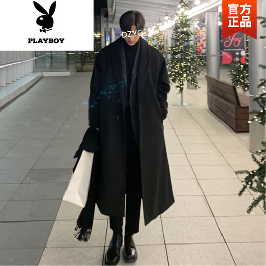 Playboy (PLAYBOY) new winter woolen woolen coat for men, long over the knee, Korean style loose and handsome British woolen windbreaker jacket for men, black (high quality) 2XL