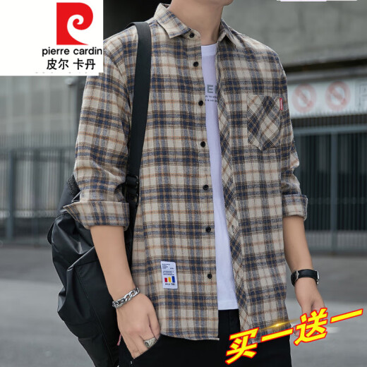 
Pierre cardin plaid casual shirt men's spring and autumn long-sleeved shirt Korean top retro loose autumn thin jacket K12108 white M 90-110Jin [Jin equals 0.5 kg]